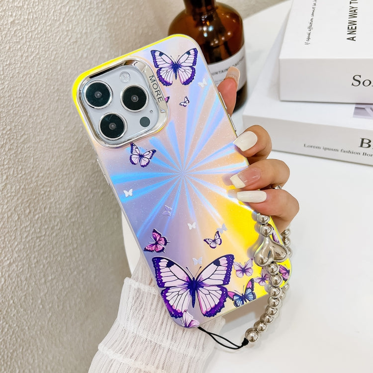 For iPhone 16 Pro Max Electroplating Laser Butterfly Phone Case with Wrist Strap(Purple Butterflies AB3) - iPhone 16 Pro Max Cases by buy2fix | Online Shopping UK | buy2fix