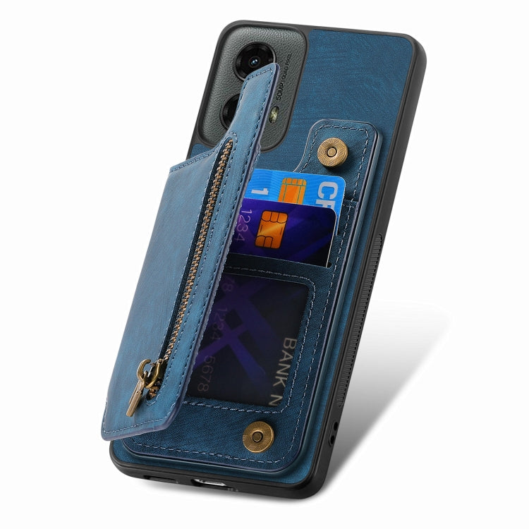 For Motorola Moto G 2024 Retro Leather Zipper Wallet Back Phone Case(Blue) - Motorola Cases by buy2fix | Online Shopping UK | buy2fix