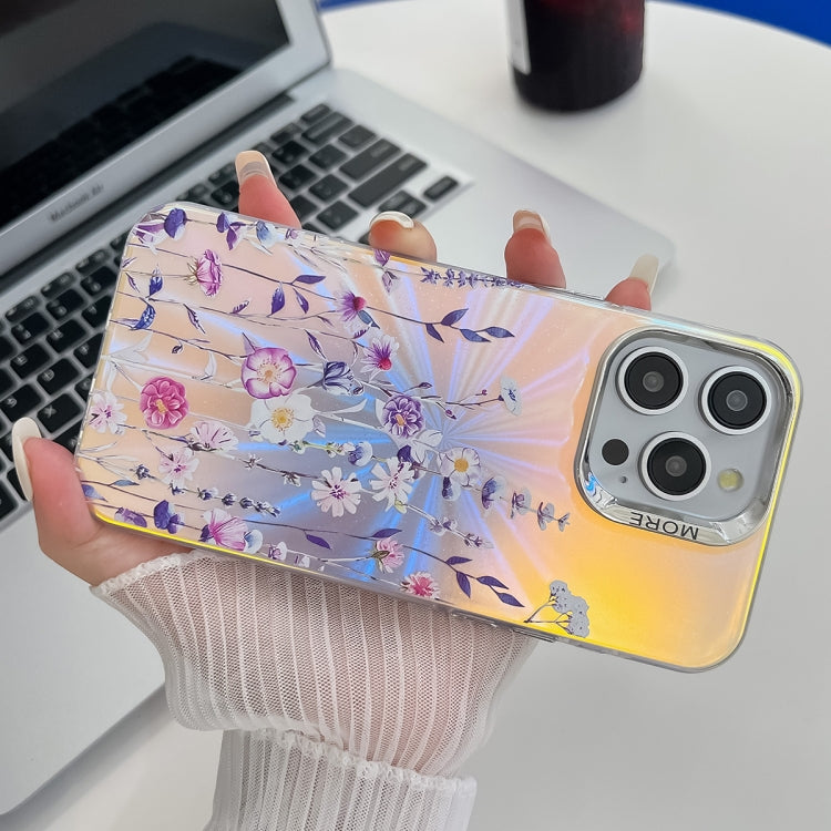 For iPhone 16 Plus Electroplating Laser Flower Texture TPU Phone Case(Lavender AH14) - iPhone 16 Plus Cases by buy2fix | Online Shopping UK | buy2fix