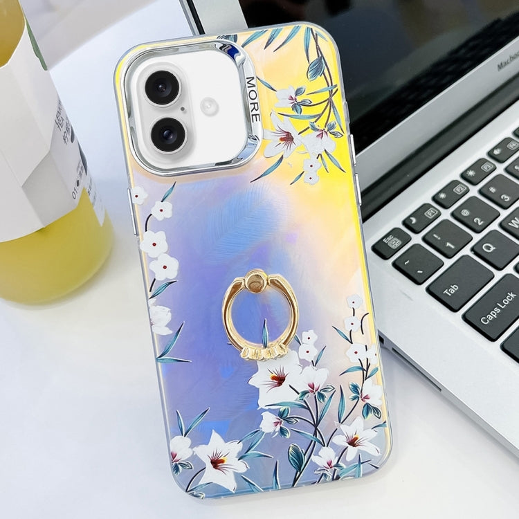 For iPhone 16 Electroplating Laser Flower Ring Holder TPU Phone Case(Morning Glory AH16) - iPhone 16 Cases by buy2fix | Online Shopping UK | buy2fix