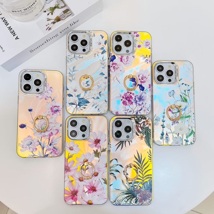 For iPhone 16 Electroplating Laser Flower Ring Holder TPU Phone Case(Leaves AH12) - iPhone 16 Cases by buy2fix | Online Shopping UK | buy2fix