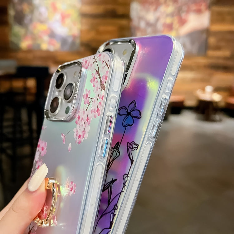 For iPhone 16 Plus Electroplating Laser Flower Ring Holder TPU Phone Case(Plum Blossom AH18) - iPhone 16 Plus Cases by buy2fix | Online Shopping UK | buy2fix