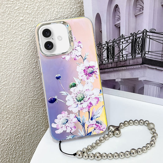 For iPhone 16 Plus Electroplating Laser Flower Phone Case with Wrist Strap(Zinnia AH9) - iPhone 16 Plus Cases by buy2fix | Online Shopping UK | buy2fix