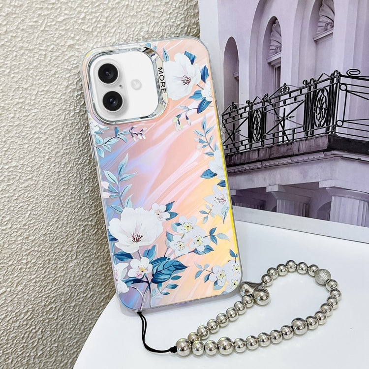 For iPhone 16 Electroplating Laser Flower Phone Case with Wrist Strap(White Flower AH10) - iPhone 16 Cases by buy2fix | Online Shopping UK | buy2fix