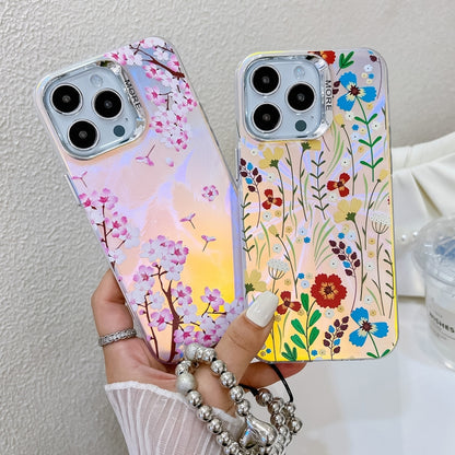 For iPhone 16 Electroplating Laser Flower Phone Case with Wrist Strap(Rose AH15) - iPhone 16 Cases by buy2fix | Online Shopping UK | buy2fix