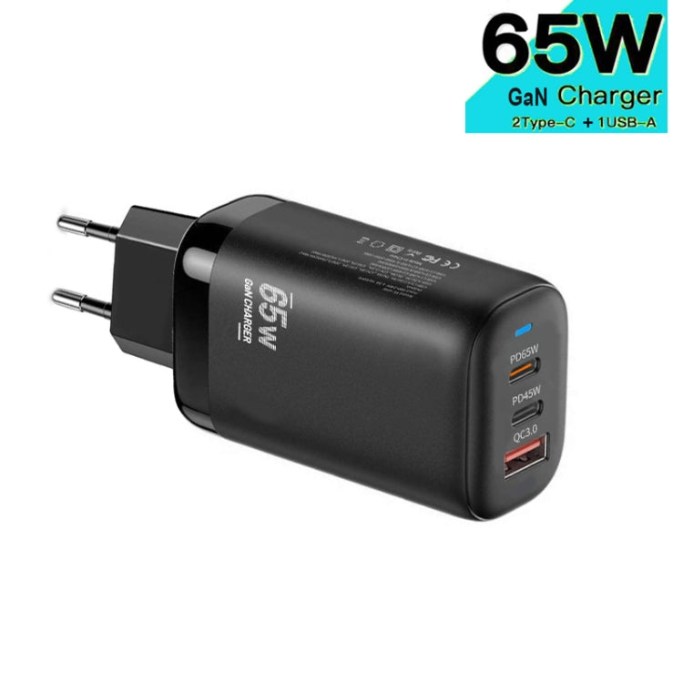 TE-65W GaN PD65W Dual USB-C+USB-A Laptop / Tablet Adapter，EU Plug(Black) - USB Charger by buy2fix | Online Shopping UK | buy2fix