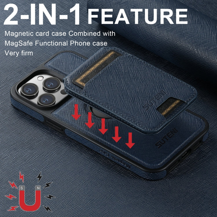 For iPhone 16 Suteni M2 Cross-Grain MagSafe Vertical Card Back Phone Case(Blue) - iPhone 16 Cases by Suteni | Online Shopping UK | buy2fix