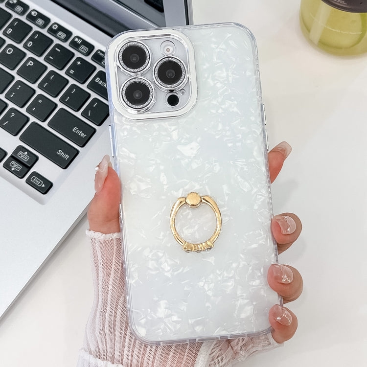 For iPhone 16 Pro Max Plating Glitter Texture Ring Holder TPU Phone Case with Lens Film(White Shell Grain) - iPhone 16 Pro Max Cases by buy2fix | Online Shopping UK | buy2fix