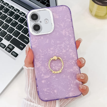 For iPhone 16 Plating Glitter Texture Ring Holder TPU Phone Case with Lens Film(Purple Shell Pattern) - iPhone 16 Cases by buy2fix | Online Shopping UK | buy2fix