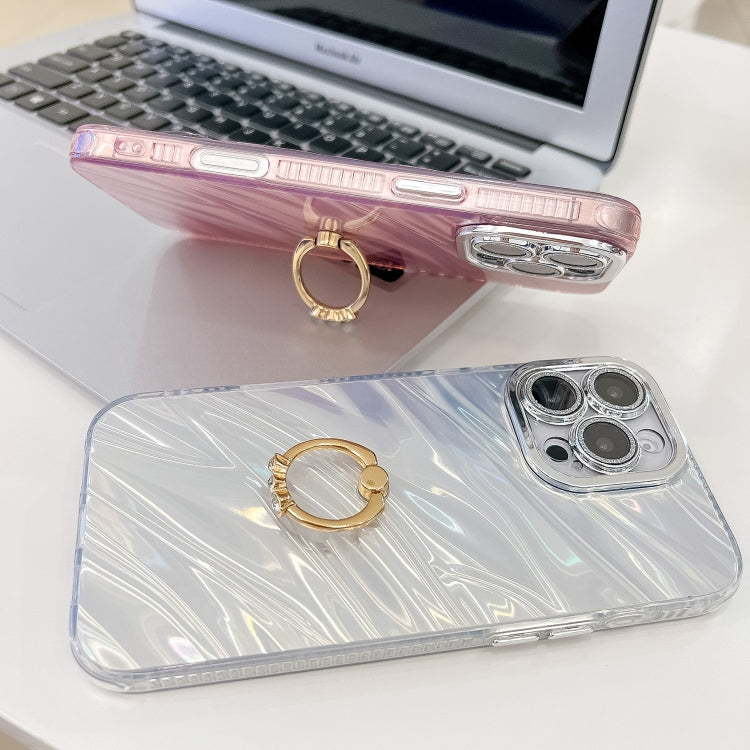 For iPhone 16 Plus Plating Glitter Texture Ring Holder TPU Phone Case with Lens Film(White Shell Grain) - iPhone 16 Plus Cases by buy2fix | Online Shopping UK | buy2fix