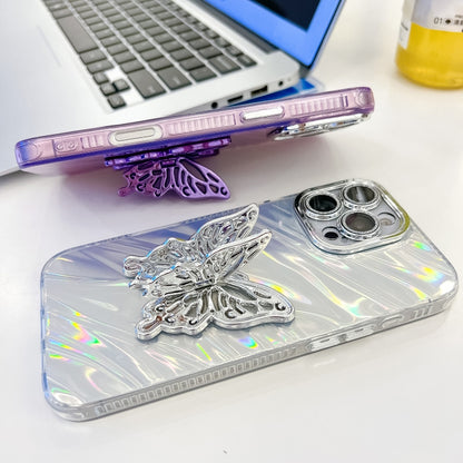 For iPhone 16 Pro Max Plating Glitter Texture Butterfly Holder TPU Phone Case with Lens Film(Pink Water Ripples) - iPhone 16 Pro Max Cases by buy2fix | Online Shopping UK | buy2fix