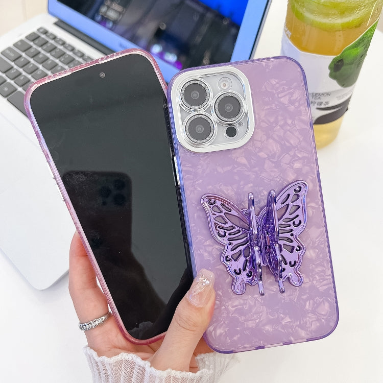 For iPhone 16 Plus Plating Glitter Texture Butterfly Holder TPU Phone Case with Lens Film(Purple Wrinkles) - iPhone 16 Plus Cases by buy2fix | Online Shopping UK | buy2fix