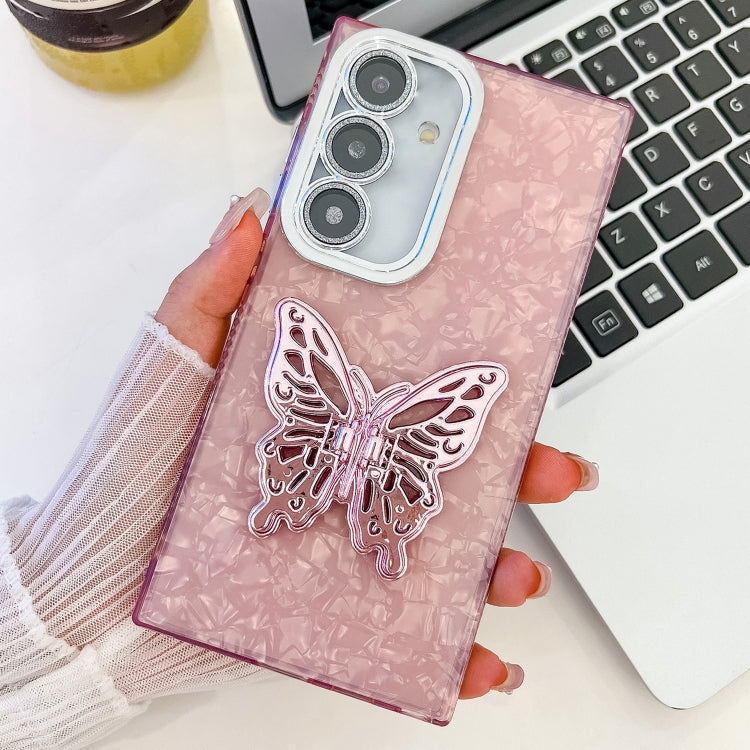 For Samsung Galaxy S25 5G Plating Glitter Texture Butterfly Holder TPU Phone Case with Lens Film(Pink Shell Pattern) - Galaxy S25 5G Cases by buy2fix | Online Shopping UK | buy2fix