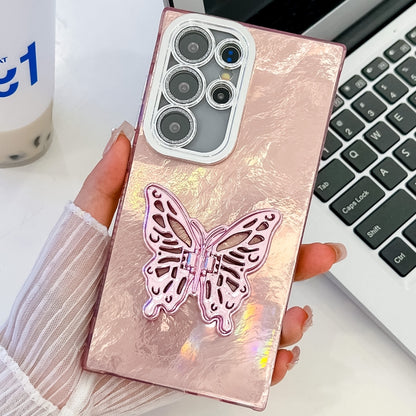 For Samsung Galaxy S25 Ultra 5G Plating Glitter Texture Butterfly Holder TPU Phone Case with Lens Film(Pink Tinfoil Texture) - Galaxy S25 Ultra 5G Cases by buy2fix | Online Shopping UK | buy2fix