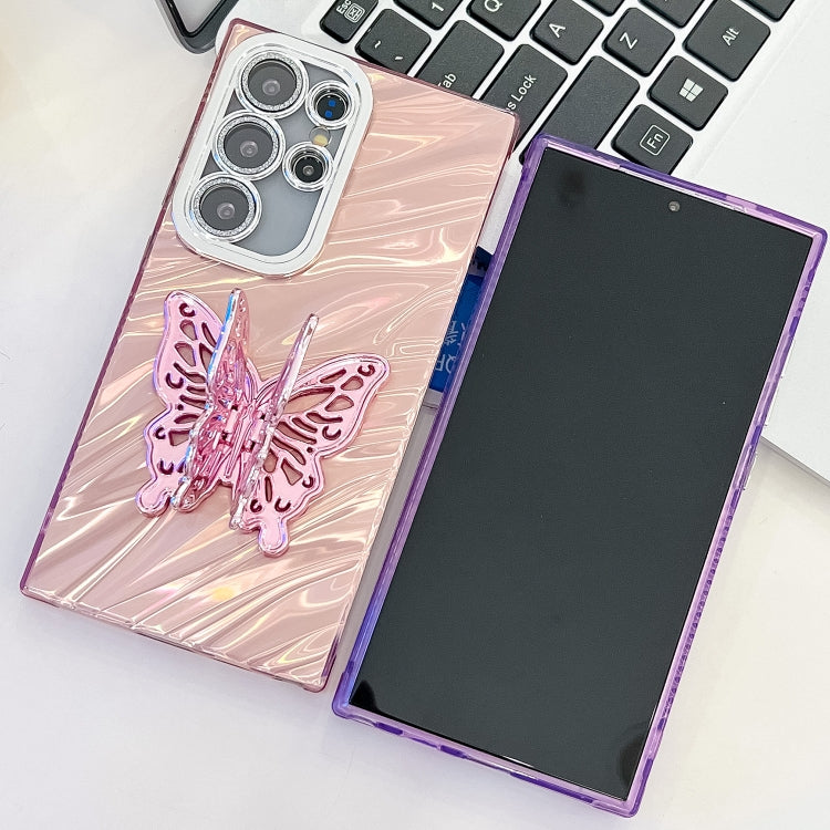 For Samsung Galaxy S25+ 5G Plating Glitter Texture Butterfly Holder TPU Phone Case with Lens Film(Pink Feathers) - Galaxy S25+ 5G Cases by buy2fix | Online Shopping UK | buy2fix