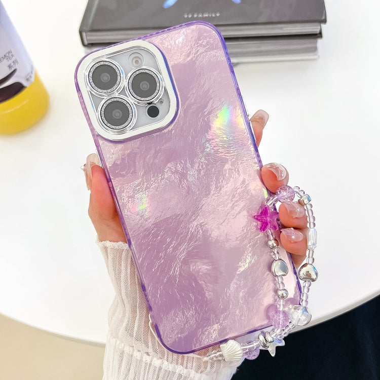 For iPhone 16 Pro Plating Glitter Texture Chain Wristband TPU Phone Case with Lens Film(Purple Tinfoil Texture) - iPhone 16 Pro Cases by buy2fix | Online Shopping UK | buy2fix