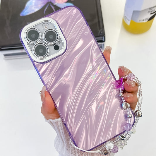 For iPhone 16 Plating Glitter Texture Chain Wristband TPU Phone Case with Lens Film(Purple Water Ripples) - iPhone 16 Cases by buy2fix | Online Shopping UK | buy2fix