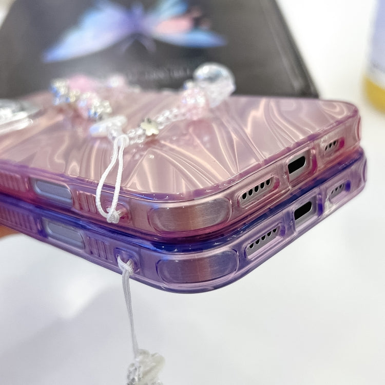 For iPhone 16 Plus Plating Glitter Texture Chain Wristband TPU Phone Case with Lens Film(Purple Tinfoil Texture) - iPhone 16 Plus Cases by buy2fix | Online Shopping UK | buy2fix