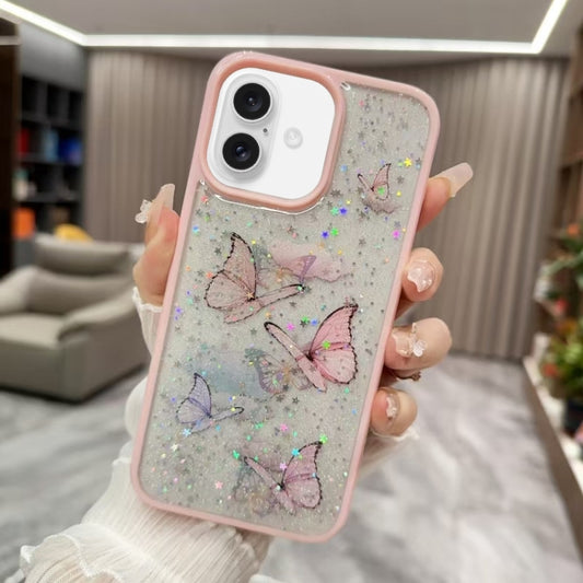 For iPhone 16 Color Butterfly Glitter Epoxy TPU Phone Case(Pink) - iPhone 16 Cases by buy2fix | Online Shopping UK | buy2fix