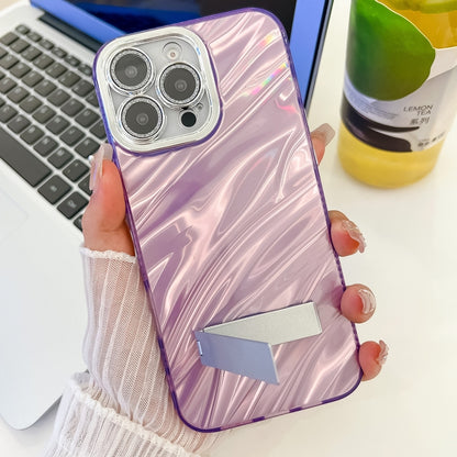 For iPhone 16 Plating Glitter Texture Fold Holder TPU Phone Case with Lens Film(Pink Shell Pattern) - iPhone 16 Cases by buy2fix | Online Shopping UK | buy2fix