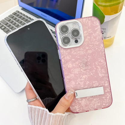 For iPhone 16 Plus Plating Glitter Texture Fold Holder TPU Phone Case with Lens Film(Purple Tinfoil Texture) - iPhone 16 Plus Cases by buy2fix | Online Shopping UK | buy2fix