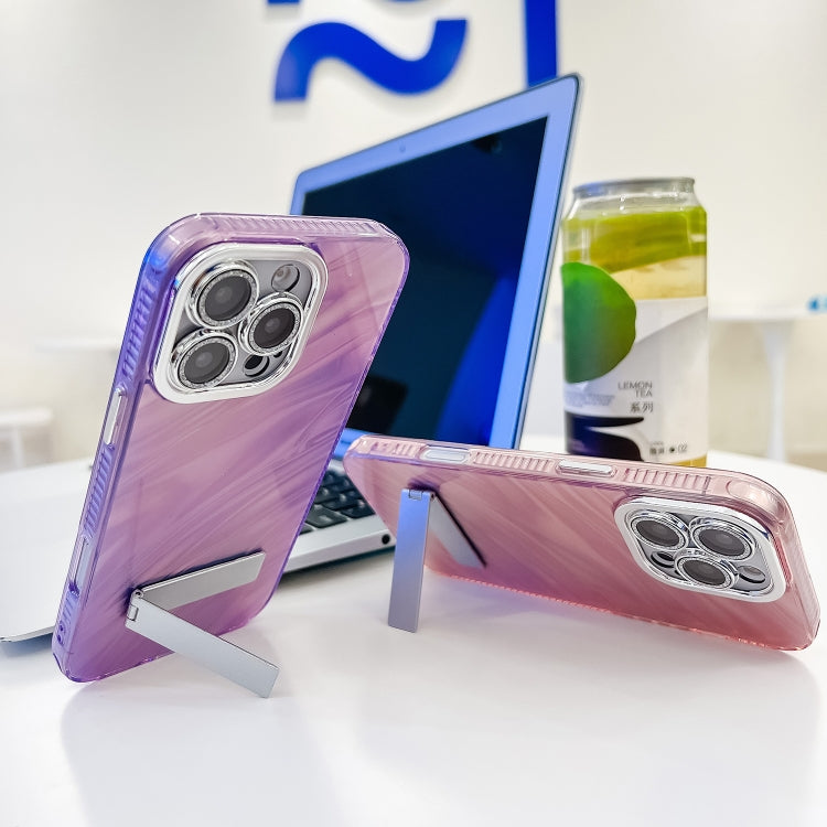 For iPhone 16 Pro Max Plating Glitter Texture Fold Holder TPU Phone Case with Lens Film(Purple Wrinkles) - iPhone 16 Pro Max Cases by buy2fix | Online Shopping UK | buy2fix