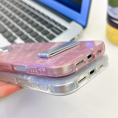 For iPhone 16 Pro Plating Glitter Texture Fold Holder TPU Phone Case with Lens Film(Pink Tinfoil Texture) - iPhone 16 Pro Cases by buy2fix | Online Shopping UK | buy2fix