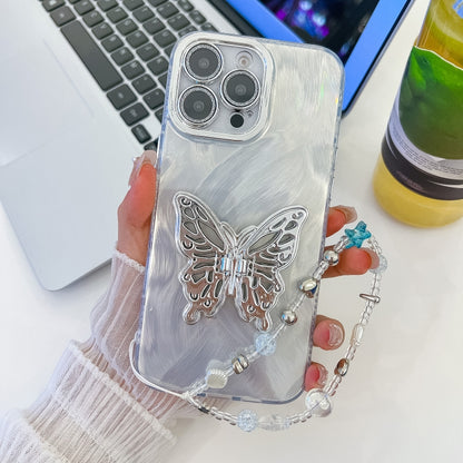 For iPhone 16 Pro Plating Glitter Lens Film Texture Butterfly Holder Wristband Phone Case(White Feather Yarn) - iPhone 16 Pro Cases by buy2fix | Online Shopping UK | buy2fix