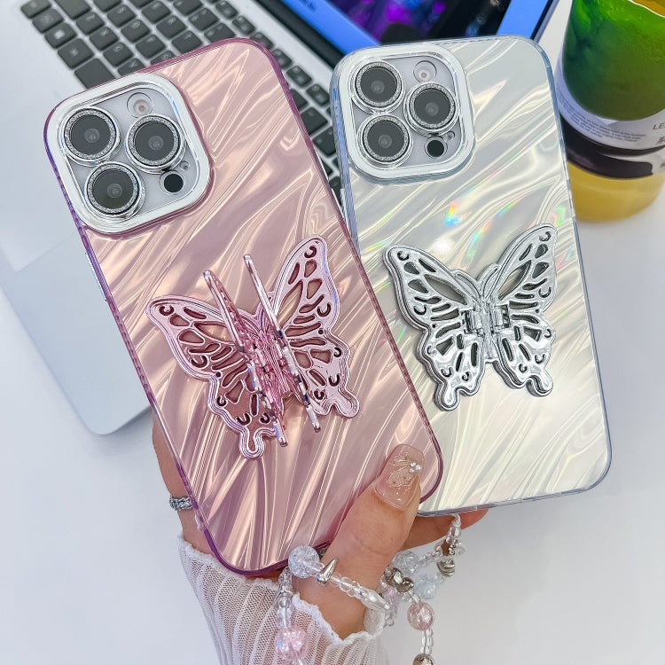 For iPhone 16 Pro Max Plating Glitter Lens Film Texture Butterfly Holder Wristband Phone Case(White Water Ripples) - iPhone 16 Pro Max Cases by buy2fix | Online Shopping UK | buy2fix