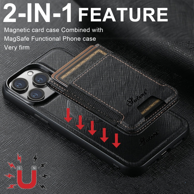 For iPhone 15 Pro Max Suteni H17 Cross Grain Leather MagSafe Detachable Wallet Phone Case(Black) - iPhone 15 Pro Max Cases by Suteni | Online Shopping UK | buy2fix