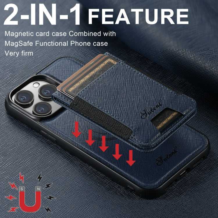 For iPhone 15 Pro Suteni H17 Cross Grain Leather MagSafe Detachable Wallet Phone Case(Blue) - iPhone 15 Pro Cases by Suteni | Online Shopping UK | buy2fix