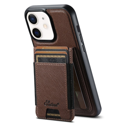 For iPhone 12 Suteni H17 Cross Grain Leather MagSafe Detachable Wallet Phone Case(Brown) - iPhone 12 / 12 Pro Cases by Suteni | Online Shopping UK | buy2fix