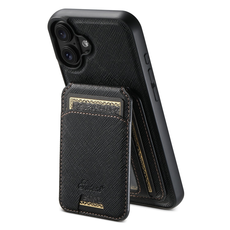 For iPhone 16 Suteni H18 Cross Grain MagSafe Wallet Leather Phone Case(Black) - iPhone 16 Cases by Suteni | Online Shopping UK | buy2fix