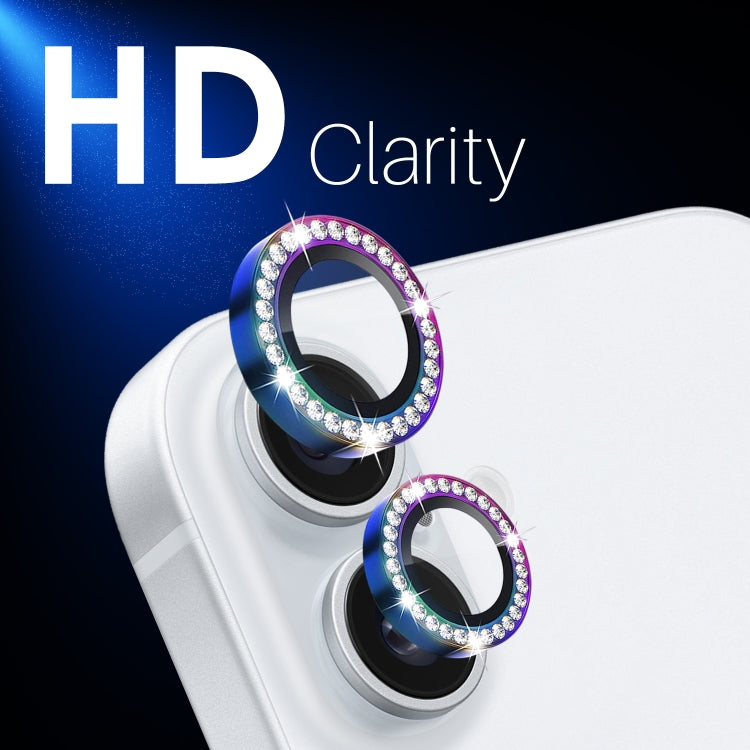 For iPhone 16 / 16 Plus NORTHJO Rhinestone Camera Lens Protector Tempered Glass Metal Ring Film(Colorful) - iPhone 16 Tempered Glass by NORTHJO | Online Shopping UK | buy2fix