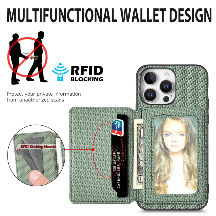 For iPhone 16 Plus Carbon Fiber Magnetic Card Wallet RFID Blocking Phone Case(Khaki) - iPhone 16 Plus Cases by buy2fix | Online Shopping UK | buy2fix