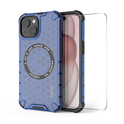 For iPhone 15 ENKAY Hat-Prince Honeycomb MagSafe Shockproof Phone Case with Large Arc Edge Film(Blue) - iPhone 15 Cases by ENKAY | Online Shopping UK | buy2fix