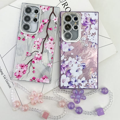 For Samsung Galaxy S25 5G Electroplating Flowers Plants Texture Wristband TPU Phone Case(Plum Flower FL6) - Galaxy S25 5G Cases by buy2fix | Online Shopping UK | buy2fix