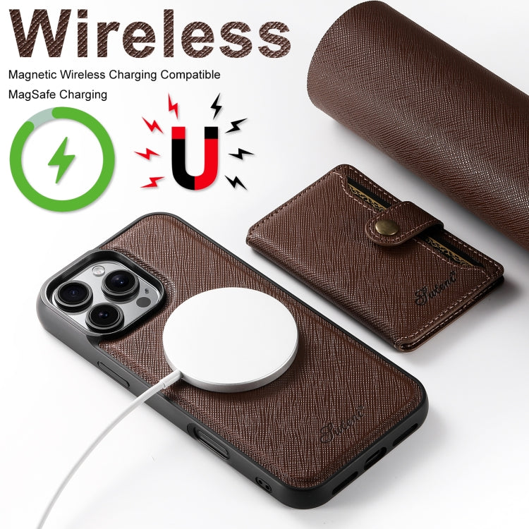 For iPhone 16 Plus Suteni H20 Cross-Grain MagSafe Horizontal Card Bag Back Phone Case(Brown) - iPhone 16 Plus Cases by Suteni | Online Shopping UK | buy2fix