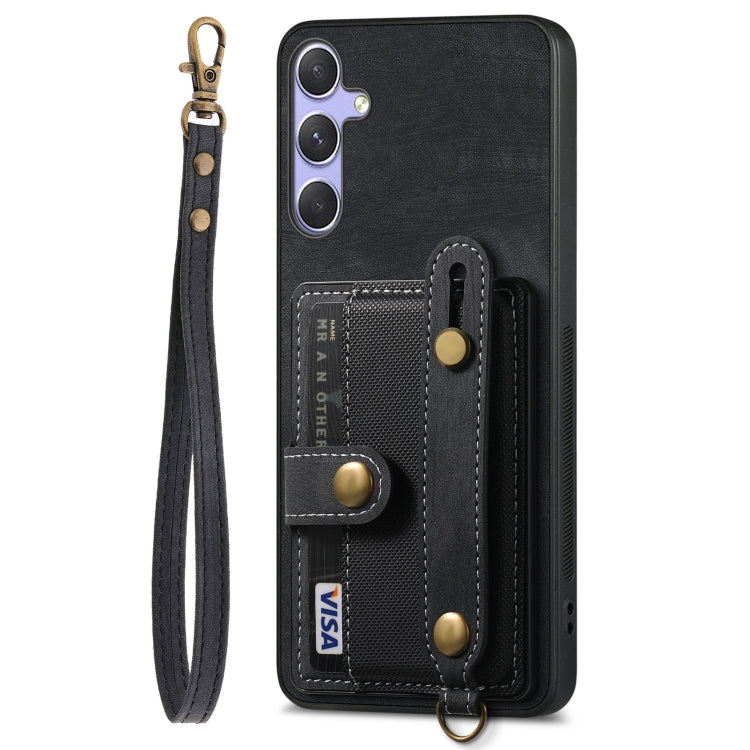 For Samsung Galaxy S25 5G Retro Cross Wristband Wallet Leather Back Phone Case(Black) - Galaxy S25 5G Cases by buy2fix | Online Shopping UK | buy2fix