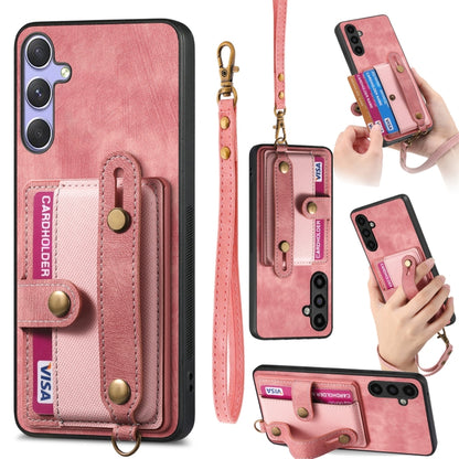 For Samsung Galaxy S25 Ultra 5G Retro Cross Wristband Wallet Leather Back Phone Case(Pink) - Galaxy S25 Ultra 5G Cases by buy2fix | Online Shopping UK | buy2fix