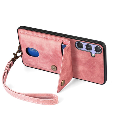 For Samsung Galaxy S25 5G Retro Card Wallet Fold Leather Phone Case with Strap(Pink) - Galaxy S25 5G Cases by buy2fix | Online Shopping UK | buy2fix