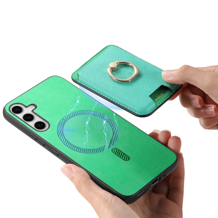 For Samsung Galaxy S25 5G Retro Cross Leather Ring Vertical Insert Card Bag MagSafe Phone Case(Green) - Galaxy S25 5G Cases by buy2fix | Online Shopping UK | buy2fix