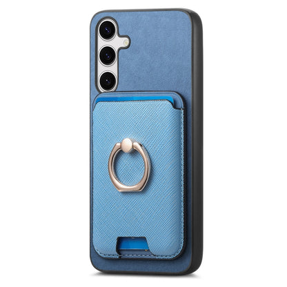 For Samsung Galaxy S25+ 5G Retro Cross Leather Ring Vertical Insert Card Bag MagSafe Phone Case(Blue) - Galaxy S25+ 5G Cases by buy2fix | Online Shopping UK | buy2fix