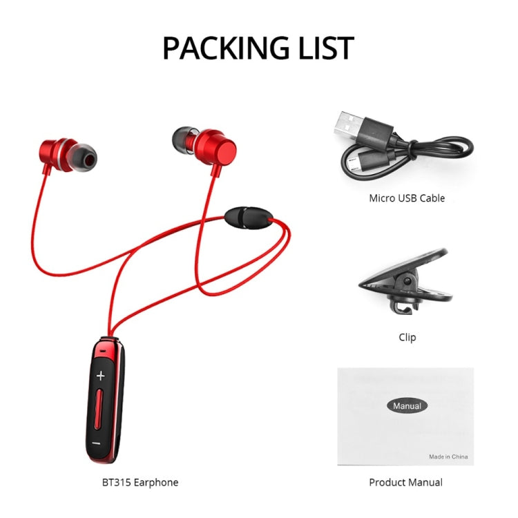 BT315 Sport Bluetooth Headset Wireless Stereo Earphone Bluetooth 4.1 Earpiece With Mic Sport Bass Magnetic Necklace Earpiece(Red) - Sport Earphone by buy2fix | Online Shopping UK | buy2fix