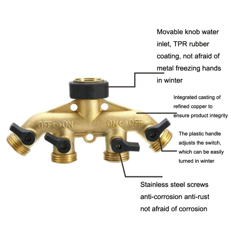 Garden Watering Agricultural Irrigation Family Car Wash Faucet Copper 4-way Ball Valve Water Divider(American Thread) - Watering & Irrigation by buy2fix | Online Shopping UK | buy2fix