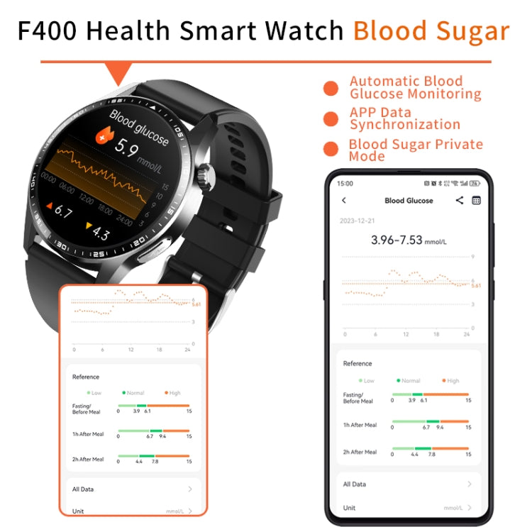 F400  1.55 Inch Screen Smart Watch Support ECG/ Blood Oxygen / Blood Sugar / 150+ Sports Mode, Color: Black Brown Leather - Smart Watches by buy2fix | Online Shopping UK | buy2fix