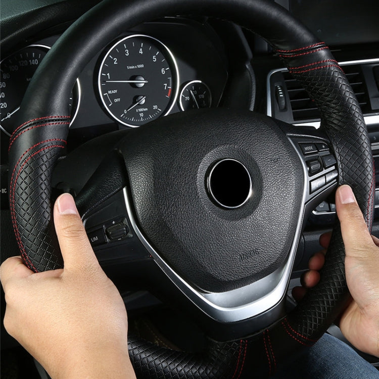 38cm Cowhide Embossed Hand-Stitched Double-Line Steering Wheel Cover(Black Orange Line) - Steering Wheel Accessories by buy2fix | Online Shopping UK | buy2fix