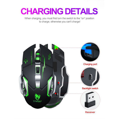 T-WOLF Q13 2.4GHz 6-keys RGB Colorful Light Gaming Wireless Mouse, Color: Dual Mode Black - Wireless Mice by T-WOLF | Online Shopping UK | buy2fix