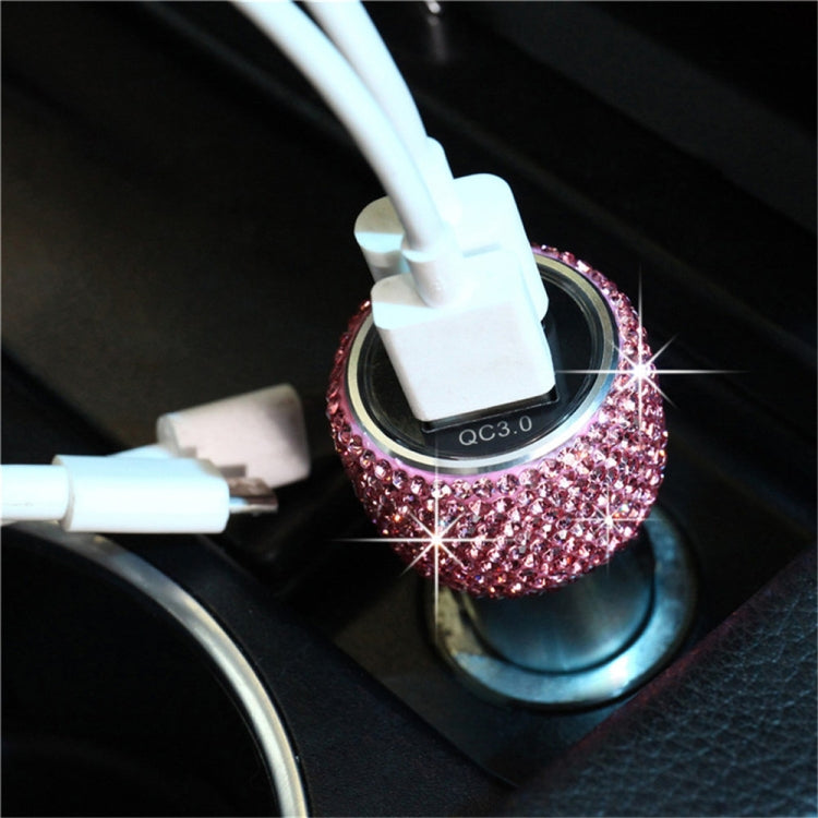 Car Diamond Aluminium Alloy QC3.0 Dual USB Quick Charger(Pink) - In Car by buy2fix | Online Shopping UK | buy2fix
