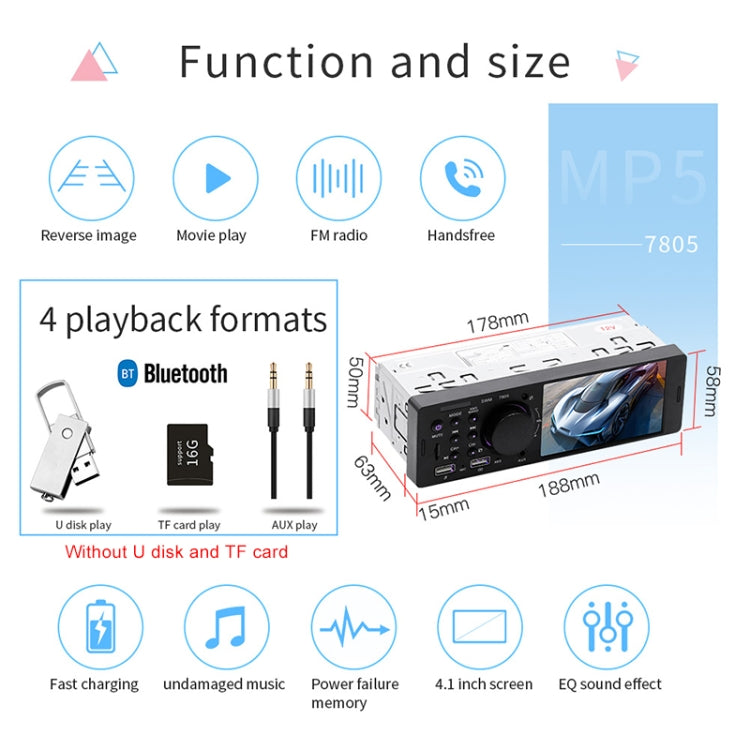 7805 4.1 inch Universal Car Radio Receiver MP5 Player, Support FM & Bluetooth & TF Card with Remote Control - Car MP3 & MP4 & MP5 by buy2fix | Online Shopping UK | buy2fix